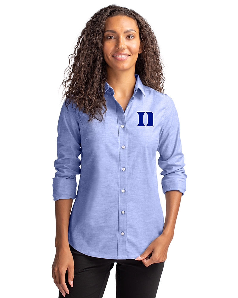 Cutter & Buck Duke Blue Devils Easy Care Stretch Oxford Womens Long Sleeve Button Down Shirt in French Blue | XXXL