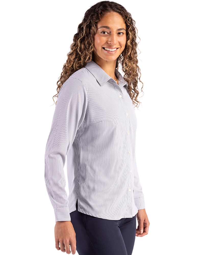 Cutter & Buck Milwaukee Brewers Skyline Recycled Pinstripe Womens Long Sleeve Spread Collar Dress Shirt in Elemental Grey/White | XL Cutter & Buck Milwaukee Brewers Skyline Recycled Pinstripe Womens Long Sleeve Spread Collar Dress Shirt in Elemental Grey/White | XL