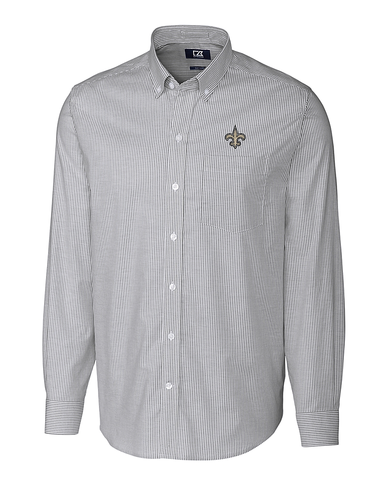 saints dress shirt Cutter & Buck New Orleans Saints Easy Care Stretch Oxford Stripe Mens Long Sleeve Button Down Shirt in Charcoal