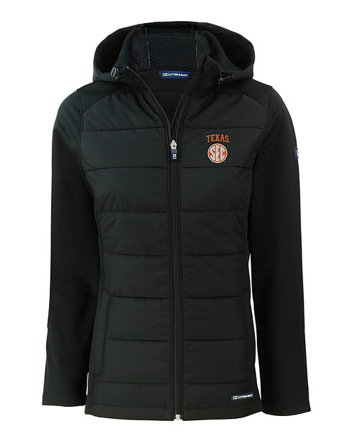 Texas Longhorns SEC Cutter & Buck Evoke Hybrid Softshell Recycled Full Zip Womens Hooded Jacket