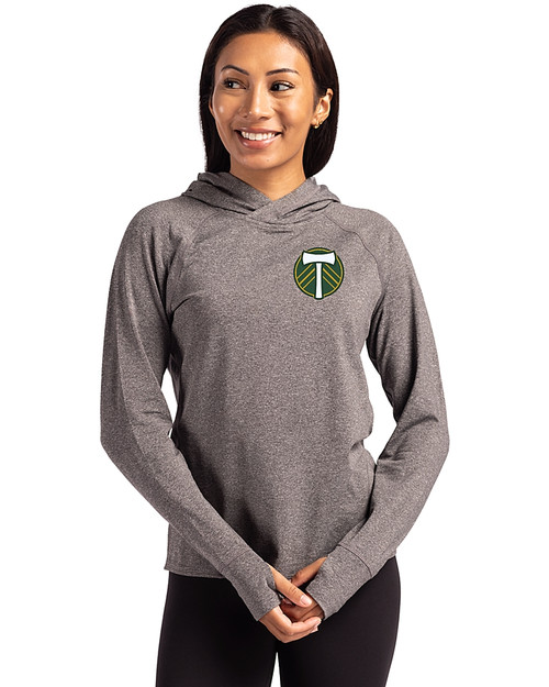 Portland Timbers Cutter & Buck Adapt Knit Recycled Womens Heathered Hooded Pullover