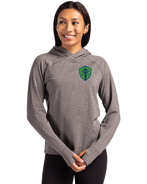 Seattle Sounders FC Cutter & Buck Adapt Knit Recycled Womens Heathered Hooded Pullover
