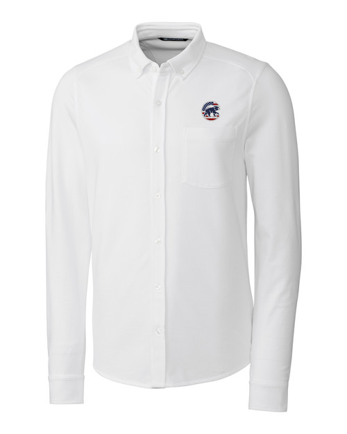 Chicago Cubs Stars & Stripes Cutter & Buck Advantage Tri-Blend Pique Long Sleeve Knitted Mens Button Down