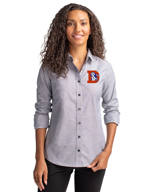 denver broncos dress shirt Men's Cutter & Buck Gray Skyline Epic Confidence Recycled Pinstripe Long Sleeve Denver Broncos Cutter & Buck