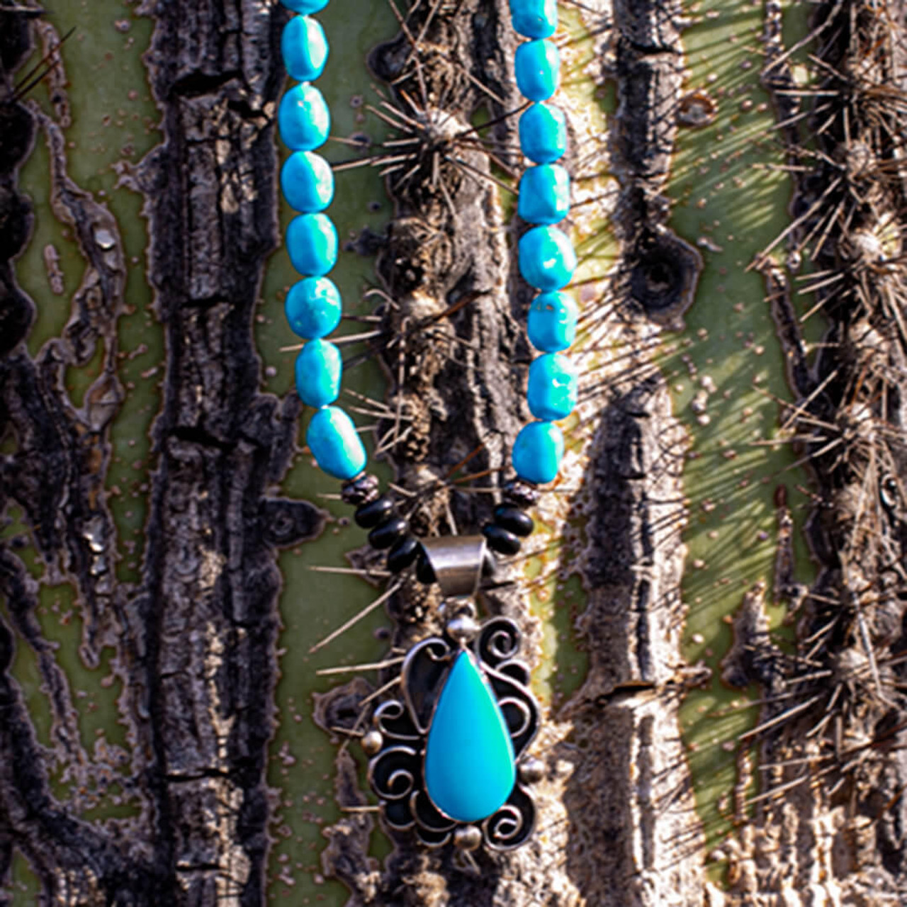 Turquoise Jewelry Sleeping Beauty Turquoise Pendant w/Nugget Strand & Jet -SBTSb2 