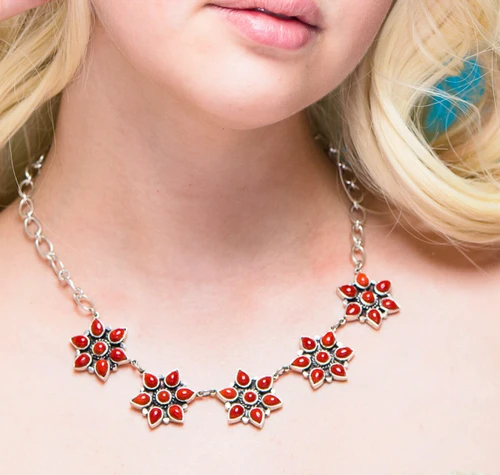 Turquoise Jewelry Mediterranean Coral Flower Necklace -JSCF 