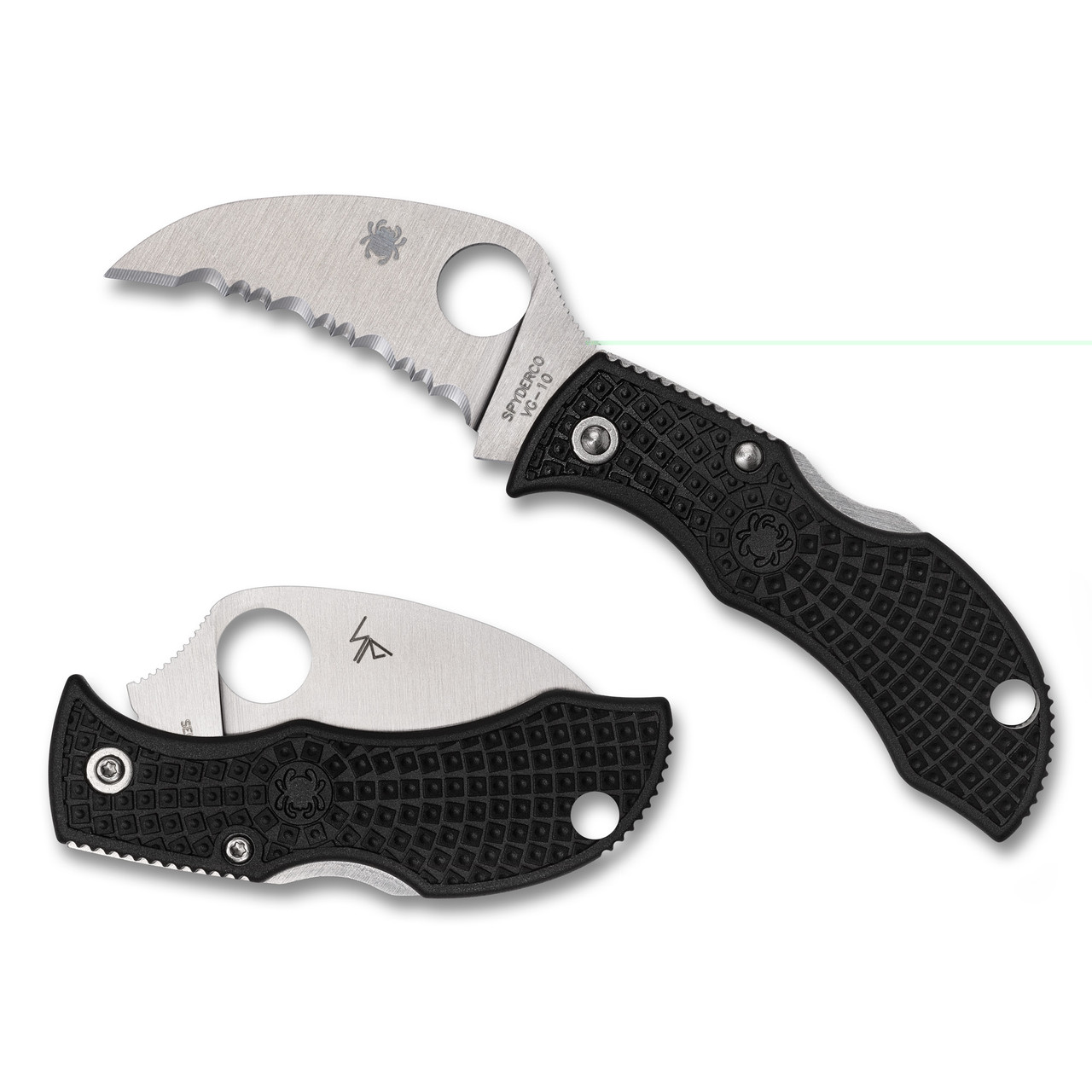 Spyderco Manbug Hawkbill Folding Knife 1.84" Hawkbill Blade SpyderEdge VG-10 Blade Steel 4.31" Overall Length Back Lock Satin Finish Silver Blade Black FRN Handle