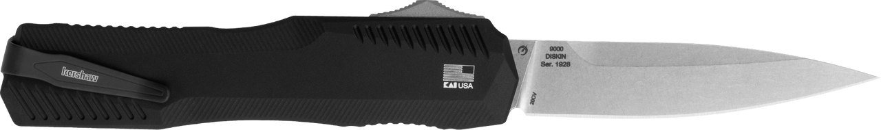 Kershaw 9000 Livewire  3.30" OTF Spear Point Plain Stonewashed CPM 20V SS Blade/ Textured Black Anodized Aluminum Handle Includes Pocket Clip