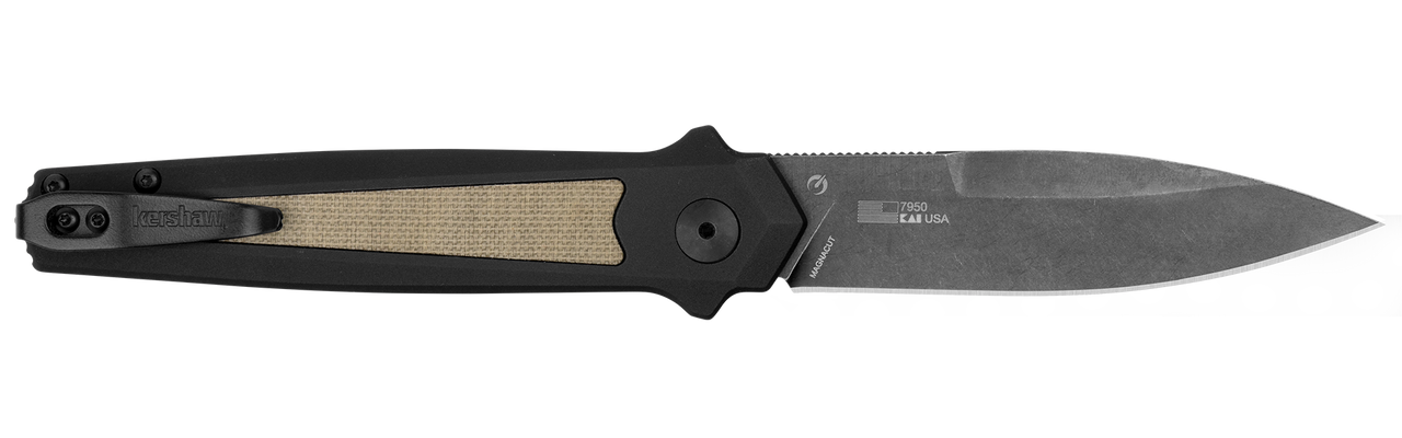 Kershaw  Launch 15 Full Size 3.50" Folding Spear Point Plain Black Oxide Blackwash CPM MagnaCut Steel Blade/Black Anodized w/Tan Canvas Aluminum w/Micarta Inserts Handle Includes Pocket Clip