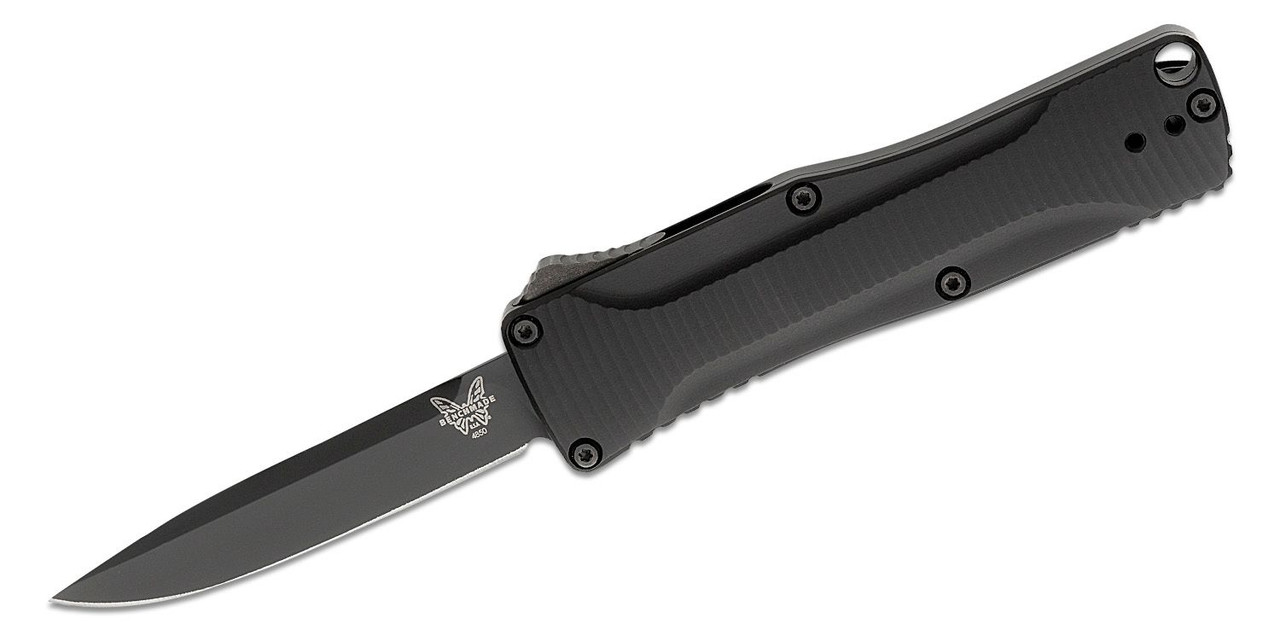Benchmade Om OTF AUTO Knife 2.475" S30V Black DLC Clip Point Blade, Black Aluminum Handles