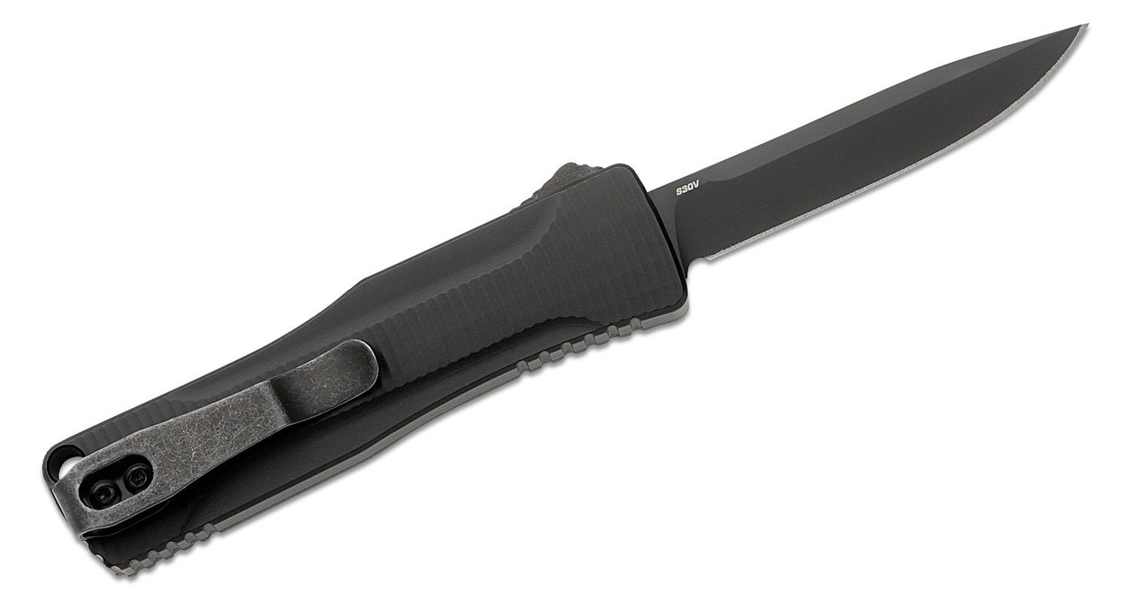 Benchmade Om OTF AUTO Knife 2.475" S30V Black DLC Clip Point Blade, Black Aluminum Handles
