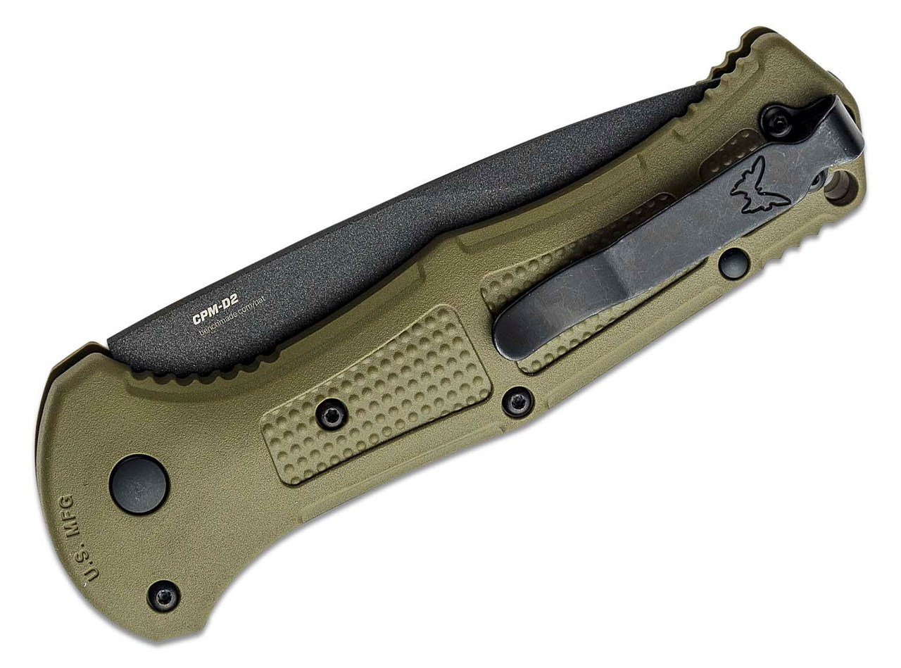Benchmade Claymore AUTO Folding Knife 3.6" CPM-D2 Cobalt Black Drop Point Plain Blade, Ranger Green Grivory Handles