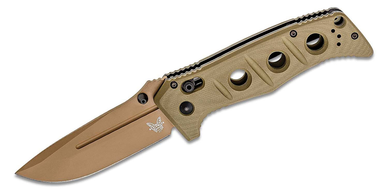 Benchmade 275FE-2 Shane Sibert Adamas Folding Knife 3.78" CruWear Flat Dark Earth Plain Blade, OD Green G10 Handles, Ballistic Nylon Sheath, AXIS/Crossbar Lock