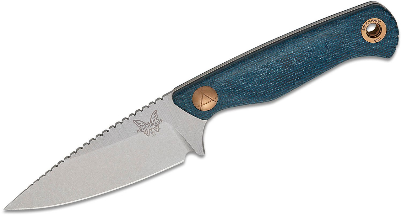 Benchmade Dacian Pocket Fixed Blade Knife 3.54" CPM-MagnaCut Satin Spear Point Blade, Blue Denim Micarta Handles, Leather Sheath - 203-04