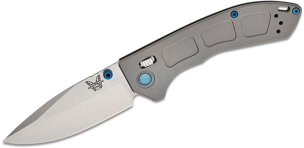 Benchmade 743 Mini Narrows AXIS Folding Knife 2.98" CPM-20CV Satin Drop Point Blade, Gray Titanium Handles, Blue Accents