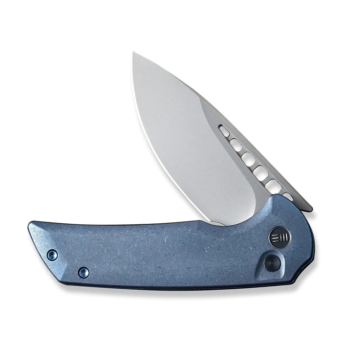 We Knife Company Ferrum Forge Mini Malice Flipper Knife 2.98" CPM-20CV Bead Blasted Blade, Blue Titanium Handles, Button Lock - WE054BL-3