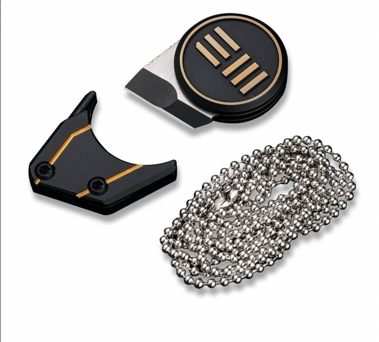 We Knife Company 20021-1 Ostap Hel Quark Pendant Fixed Neck Knife 0.32" M390 Two-Tone Tanto Blade, Black and Gold Titanium Handles, Magnetic Titanium Sheath - WE20021-1