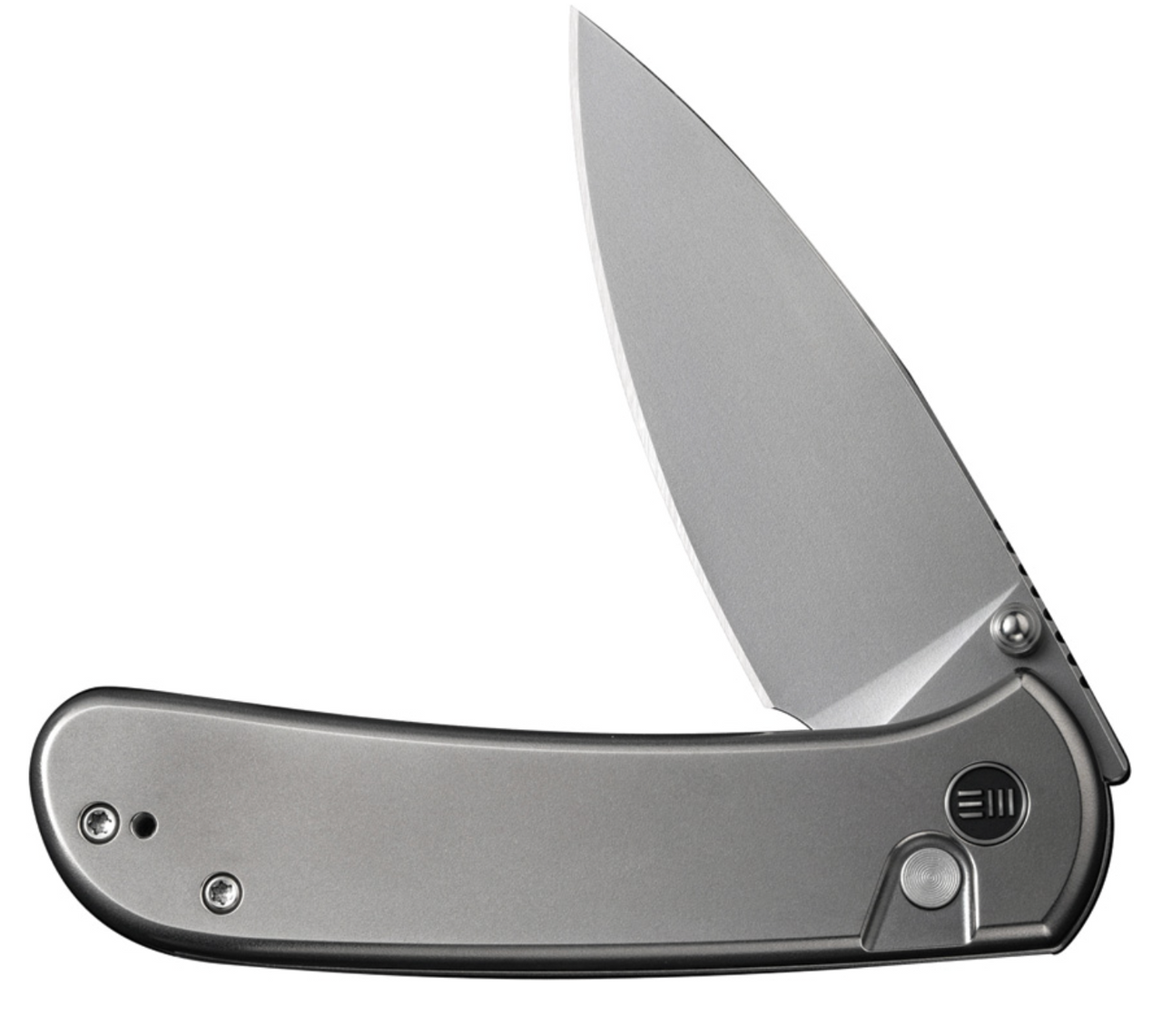 We Knife Company Qubit Button Lock Folding Knife 3.2" CPM-20CV Polished Bead Blasted Drop Point Blade, Polished Bead Blast Titanium Handles - WE22030F-2