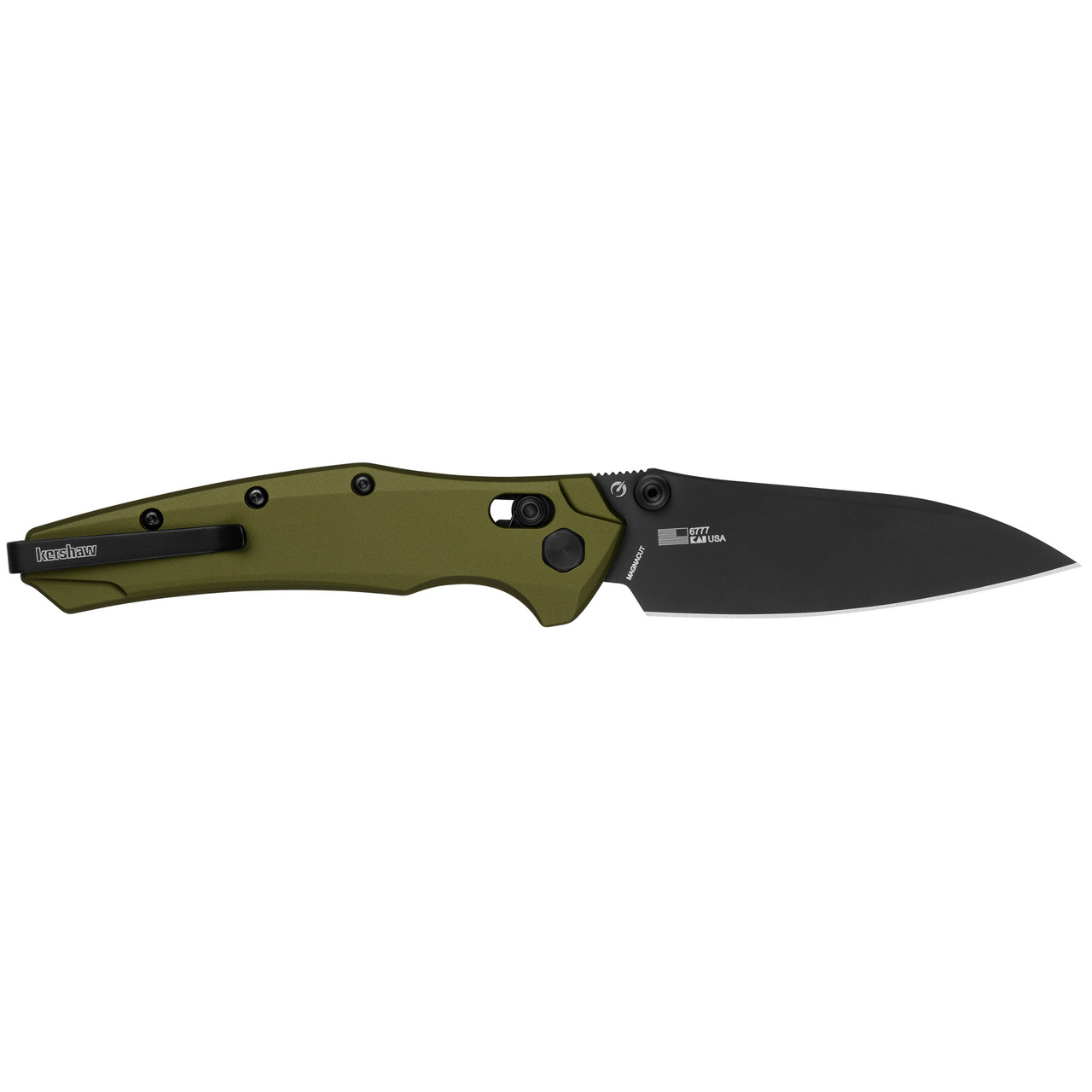 Kershaw 6777 Bareknuckle DuraLock USA-Made KVT Flipper Knife 3.5" CPM-MagnaCut Black PVD Drop Point Blade, OD Green Aluminum Handles, Reversible Bayonet Clip, AXIS/Crossbar Lock