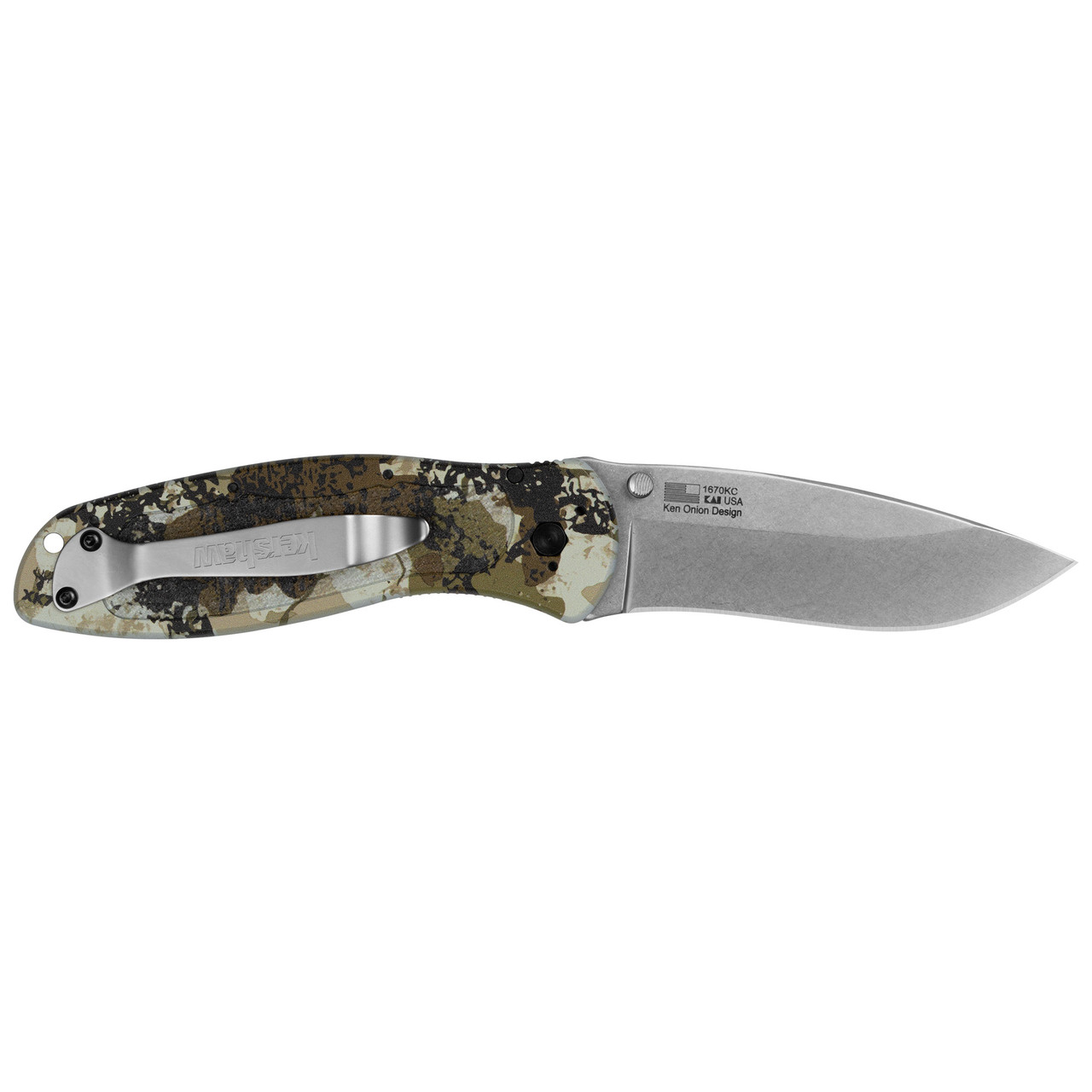 Kershaw 1670KC Ken Onion Blur Assisted Folding Knife 3.4" 14C28N Stonewashed Blade, King's Camo Aluminum Handles w/ Trac-Tec Inserts, Liner Lock
