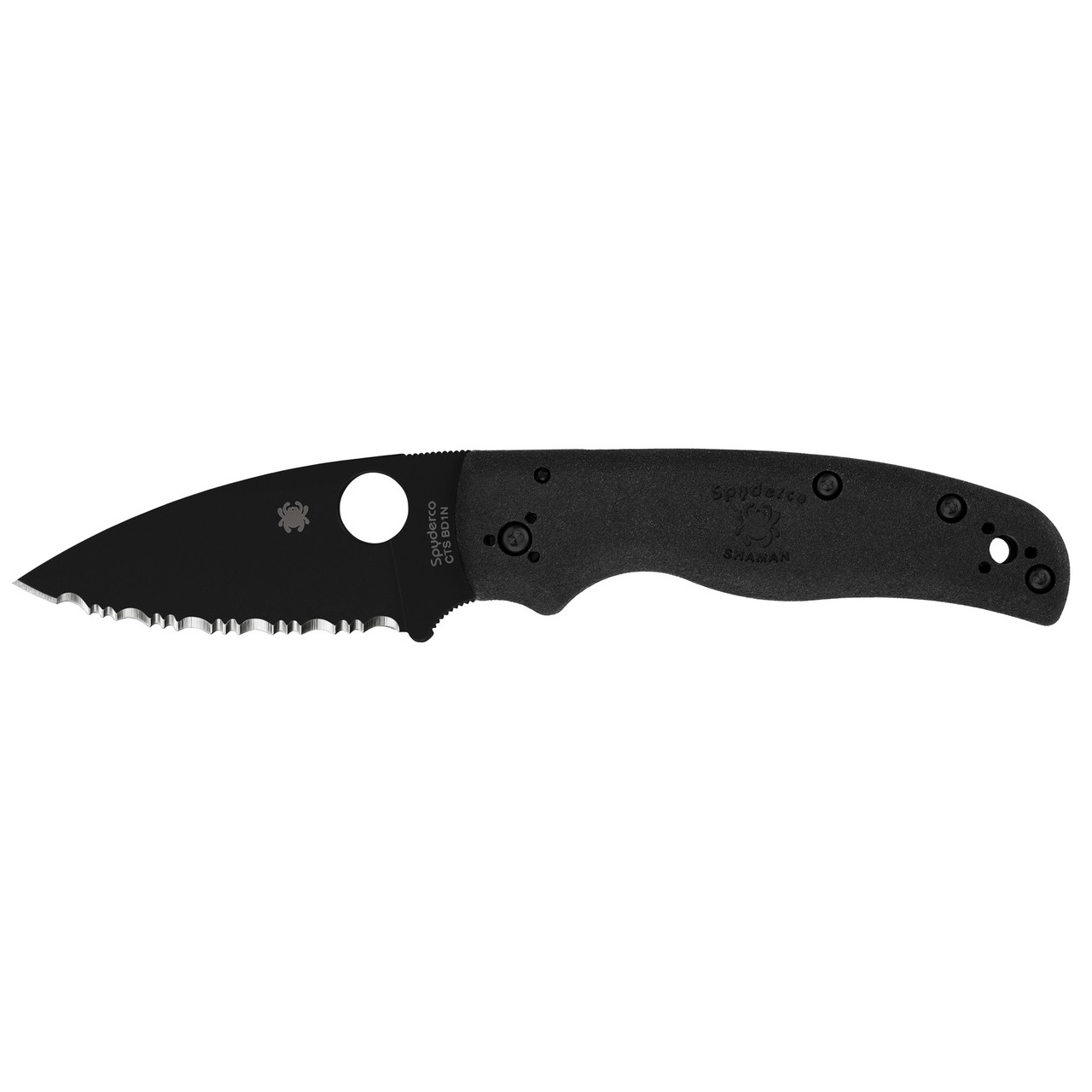 Spyderco Shaman Lightweight Folding Knife 3.58" CTS-BD1N Black DLC Serrated Blade, Black FRN Handles, Compression Lock - C229SBBK
