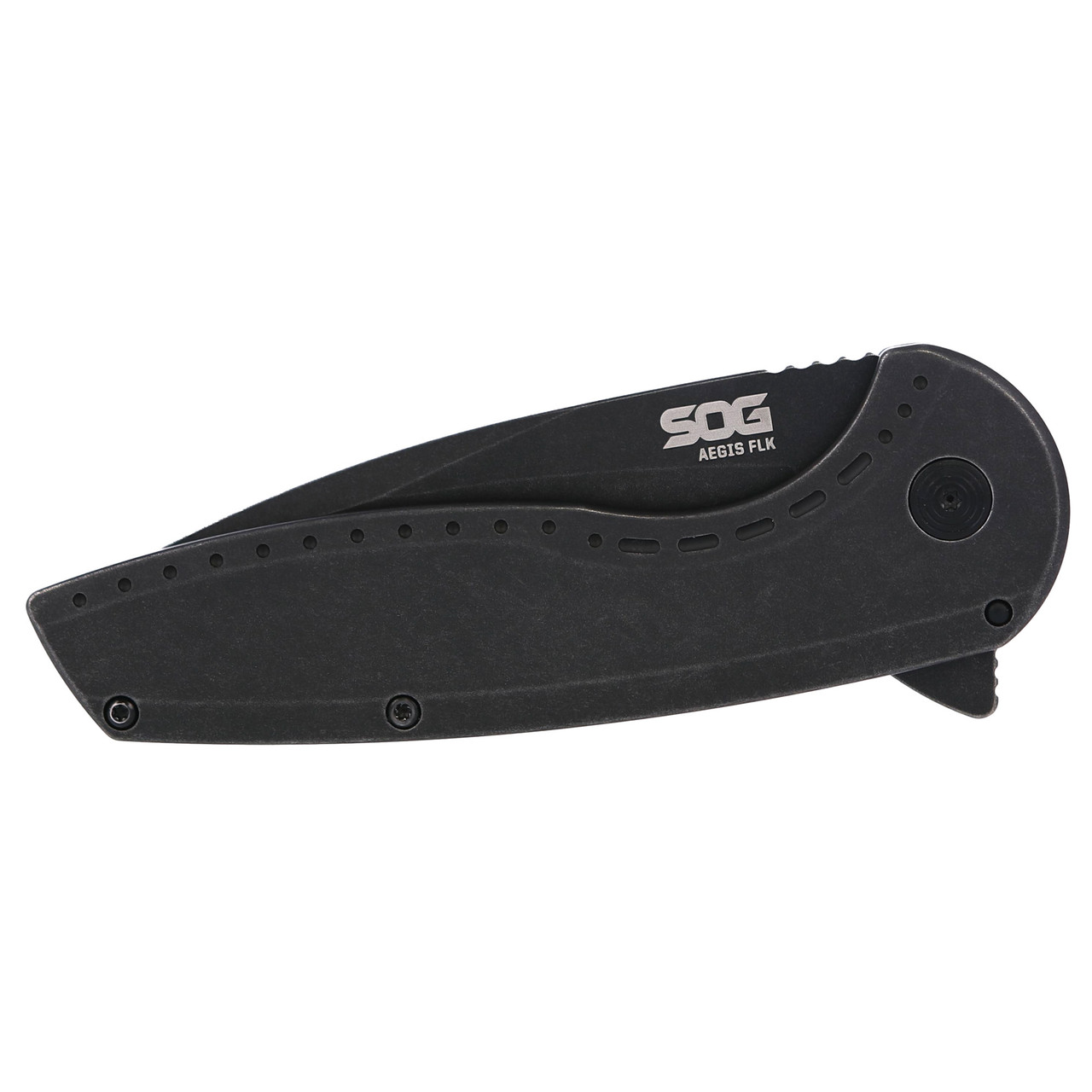 SOG Aegis FLK 2.0 Flipper Knife 3.5" Black Stonewashed Drop Point Blade, Black Stonewashed Stainless Steel Handles, Frame Lock - 14-41-05-43
