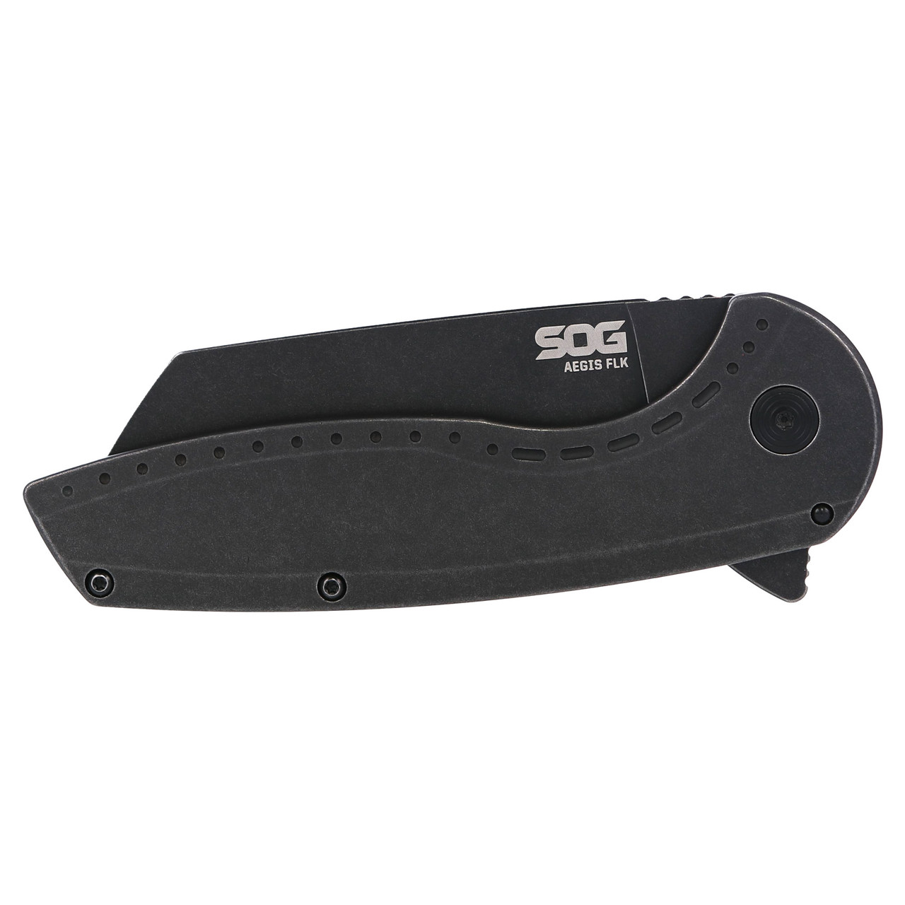 SOG Aegis FLK 2.0 Flipper Knife 3.5" Black PVD Wharncliffe Blade, Black Stonewashed Stainless Steel Handles, Frame Lock - 14-41-04-43
