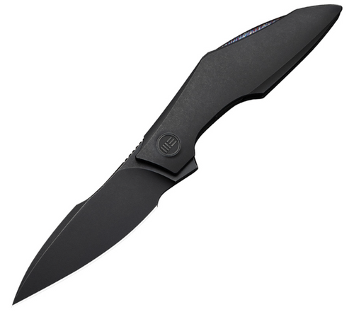 We Knife Company Tashi Bharucha Krait Snake Liner Lock Flipper Knife 3.34" M390 Black Stonewashed Harpoon Blade, Black Contoured Titanium Handles, Chidori Accents - WE24084-1