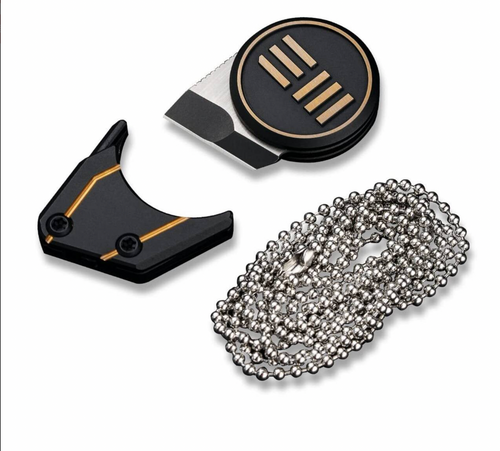 We Knife Company 20021-1 Ostap Hel Quark Pendant Fixed Neck Knife 0.32" M390 Two-Tone Tanto Blade, Black and Gold Titanium Handles, Magnetic Titanium Sheath - WE20021-1