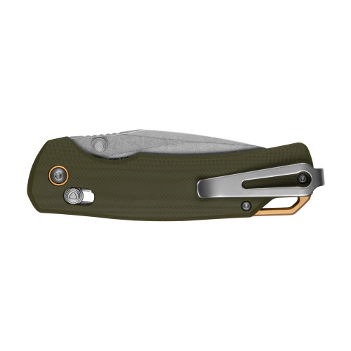 Kershaw 2058 Proximal DuraLock KVT Folding Knife 3.15" D2 Stonewashed Drop Point Blade, Contoured Olive Green G10 Handles, Reversible Clip, AXIS/Crossbar Lock
