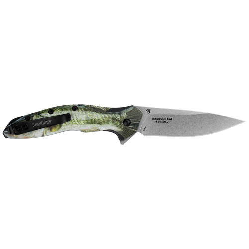 Kershaw 1845BASS Shoreline Assisted Flipper Knife 3" Stonewashed Drop Point Plain Blade, Bass CCI 3D Contoured Aluminum Handles, Reversible Clip, Liner Lock
