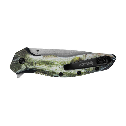 Kershaw 1845BASS Shoreline Assisted Flipper Knife 3" Stonewashed Drop Point Plain Blade, Bass CCI 3D Contoured Aluminum Handles, Reversible Clip, Liner Lock
