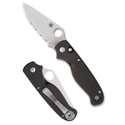 Spyderco ButtonUp Button Lock Folding Knife 3.27" Satin Modified Clip Point Combo Blade, Peel-Ply Carbon Fiber/G10 Laminate Handles, Reversible Clip - C275CFPS

