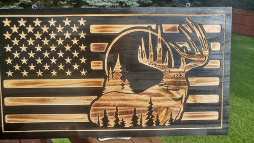 Custom Carved Buck Scene Wood Flag