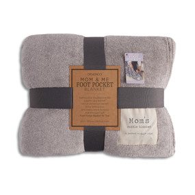 A light gray and white striped foot pocket blanket with an ivory patch that reads "Mom's cuddle blanket". Folded and tied with a gray ribbon and cardboard tag.