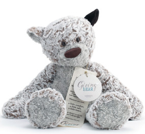 Giving Bear sits facing the camera with his note attached to his chest. Fur is brown and tinged light blue