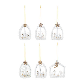 6 glass ornaments with various nativity scenes. Each topped with a gold star.