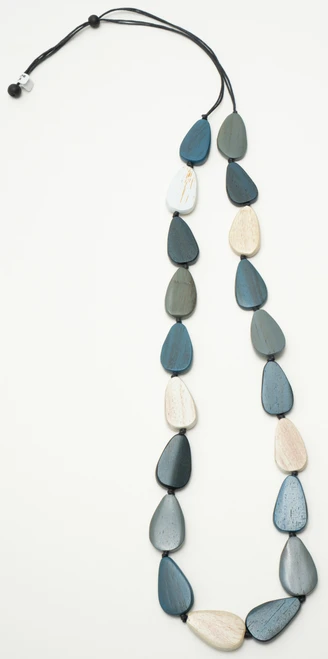 Adjustable Teardrop Shaped Wooden Bead Necklace in Blue, Grey & Stone