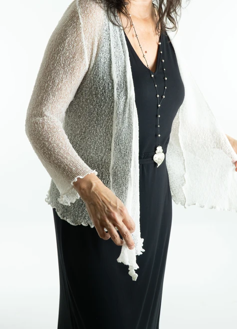 Mesh Knit Waist Length Cardigan in Off White