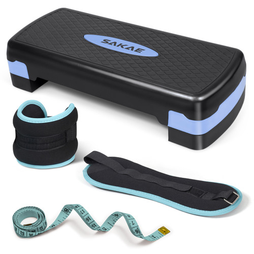 Adjustable 2 Level Aerobic Stepper Set with Ankle Weights & Measuring Tape, Exercise Step for Home Fitness, 4 Colors Available