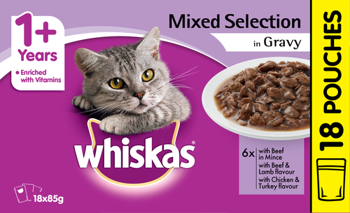 Whiskas Adult Wet Cat Food Mixed Selection in Gravy 18 X 85g Pouches