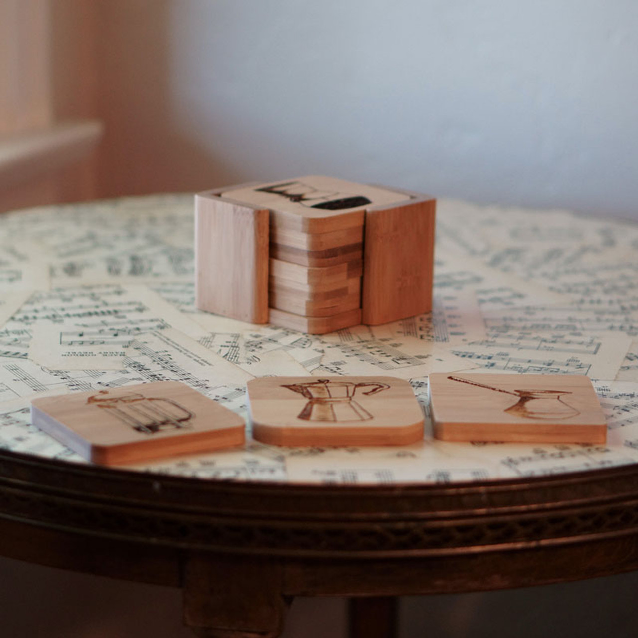 Set of 6 Bamboo Wood Coasters with Holder for Coffee Table, Hot Drinks,  Beverages, Housewarming Gift (4.3 in)