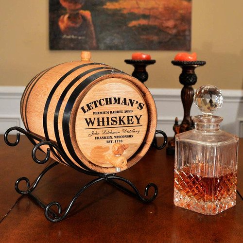 Personalized Whiskey Barrel w Iron Stand
