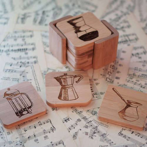 Beautiful set of six bamboo wood coasters etched with coffee art
