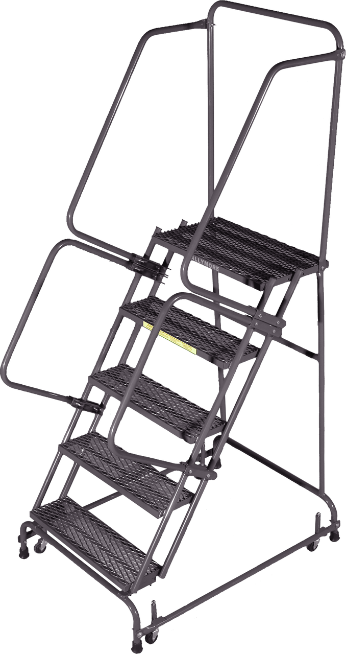 Spring Loaded Caster Ladders 5 Step 30 In Wide Base 14 in Deep Top Step Expanded Metal Tread Ballymore Safety Products