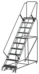 50 Degree Slope Walk Down Ladders, 10 Step, 32 In Wide Base, 14 in Deep Top Step, Perforated Tread, Setup