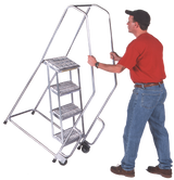 Aluminum Tilt and Roll Ladder, 3 Step, 20" Wide Base, 10" Deep Top Step, Ribbed Tread, Setup