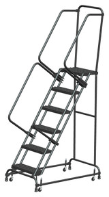Spring Loaded Caster Ladders, 6 Step, 26 In Wide Base, 14 in Deep Top Step, Abrasive Mat Tread, Setup