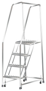 Stainless Steel Ladders, 4 Step, 20" Wide Base, 14" Deep Top Step, Perforated Tread, Setup