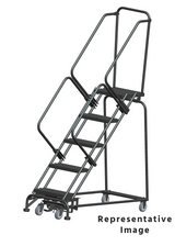 Weight Actuated 50 Degree Slope Walk Down Ladders, Weight Actuated, 50° Incline, 5 Step, 32 In Wide Base, 14 in Deep Top Step, Perforated Tread